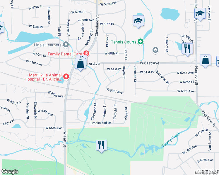 map of restaurants, bars, coffee shops, grocery stores, and more near 6255 Arthur Street in Merrillville