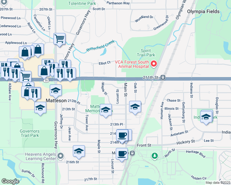 map of restaurants, bars, coffee shops, grocery stores, and more near 21138 Locust Street in Matteson