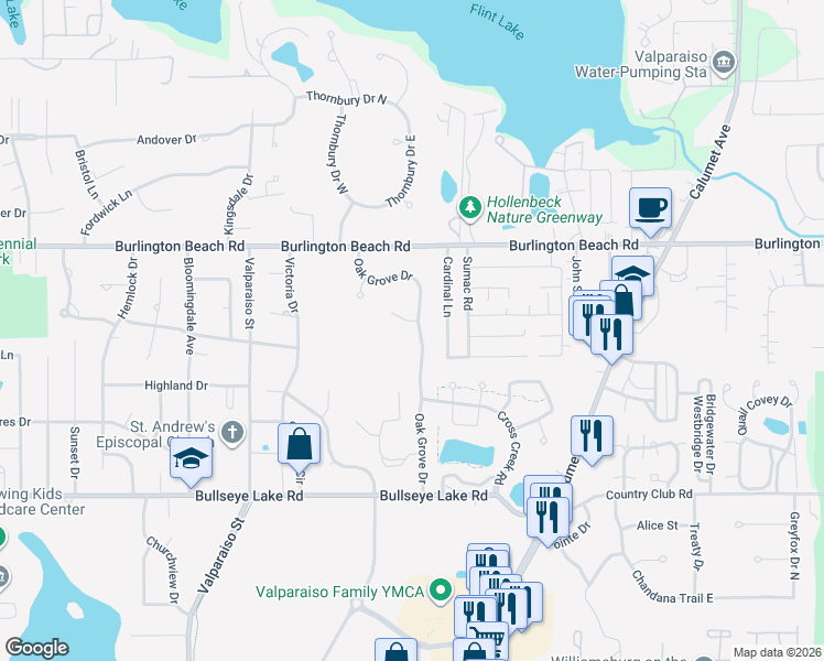 map of restaurants, bars, coffee shops, grocery stores, and more near 1000-1198 Oak Grove Ct in Valparaiso