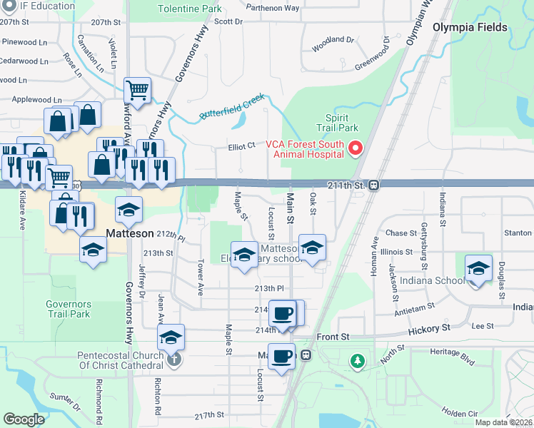 map of restaurants, bars, coffee shops, grocery stores, and more near 21142 Locust Street in Matteson