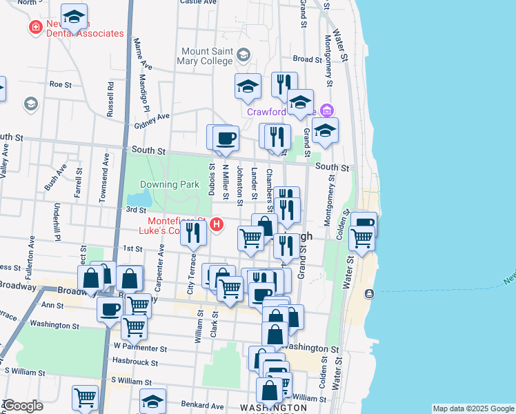 map of restaurants, bars, coffee shops, grocery stores, and more near 123 Chambers Street in Newburgh