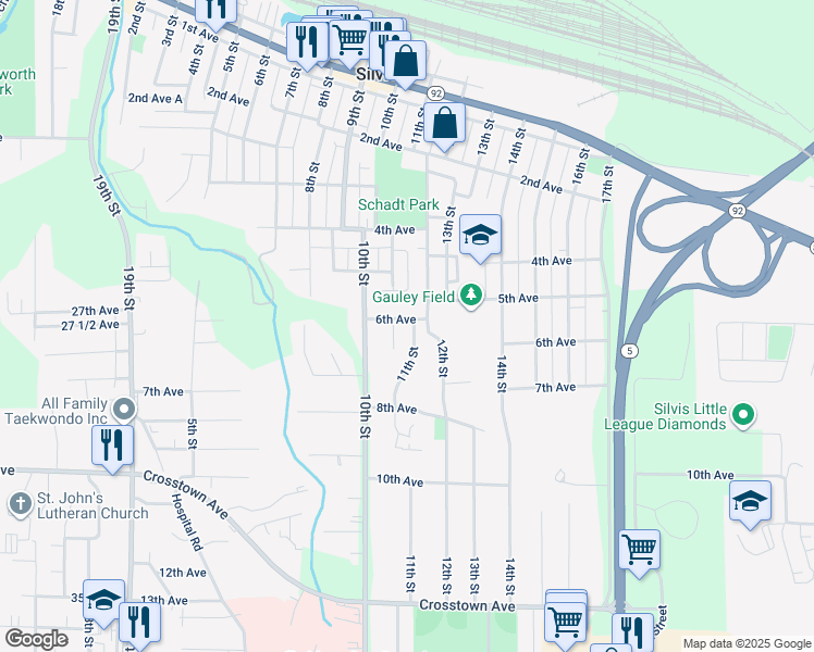 map of restaurants, bars, coffee shops, grocery stores, and more near 600 11th Street in Silvis