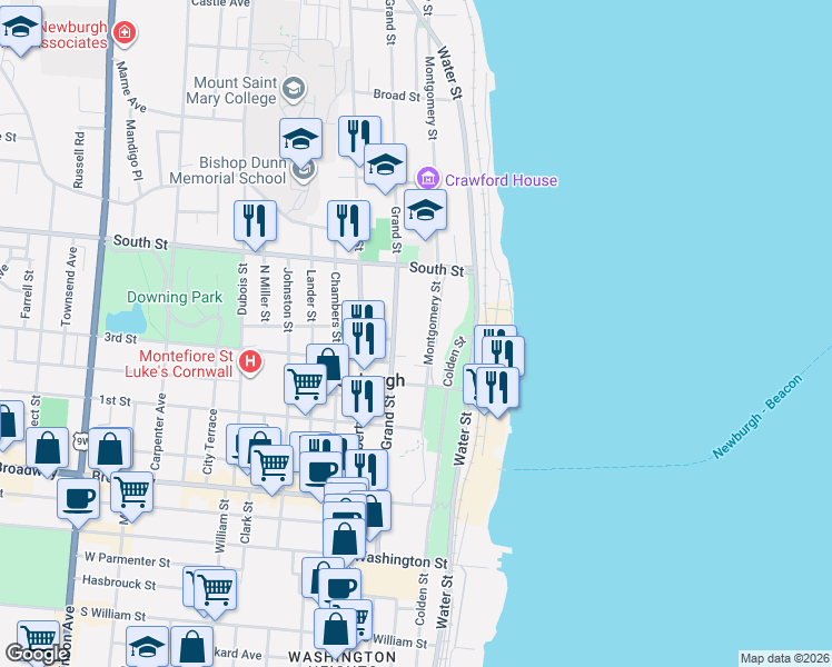 map of restaurants, bars, coffee shops, grocery stores, and more near 160A Grand Street in Newburgh