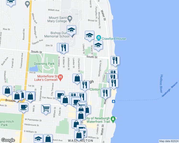 map of restaurants, bars, coffee shops, grocery stores, and more near 10 Catherine Street in Newburgh
