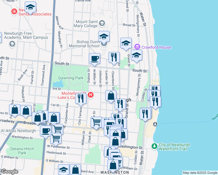 map of restaurants, bars, coffee shops, grocery stores, and more near 123 Chambers Street in Newburgh