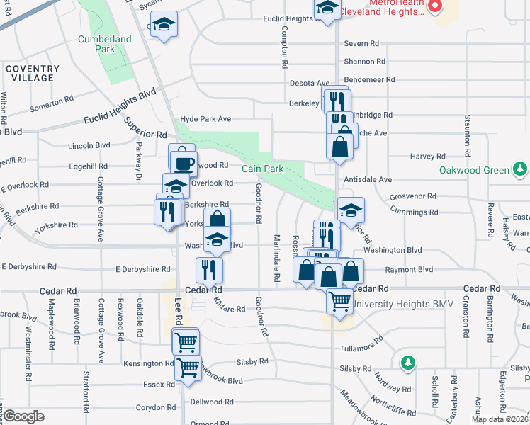 map of restaurants, bars, coffee shops, grocery stores, and more near 2008 Marlindale Road in Cleveland Heights