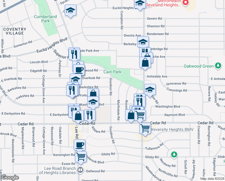 map of restaurants, bars, coffee shops, grocery stores, and more near 3318 Berkshire Road in Cleveland Heights