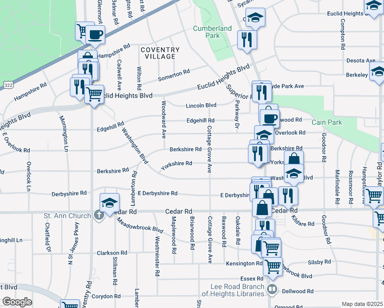 map of restaurants, bars, coffee shops, grocery stores, and more near 3034 Berkshire Road in Cleveland Heights