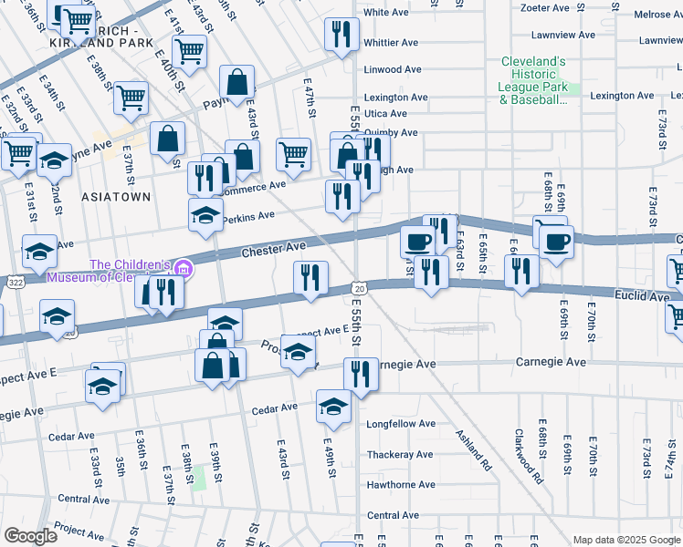 map of restaurants, bars, coffee shops, grocery stores, and more near 5309 Euclid Avenue in Cleveland