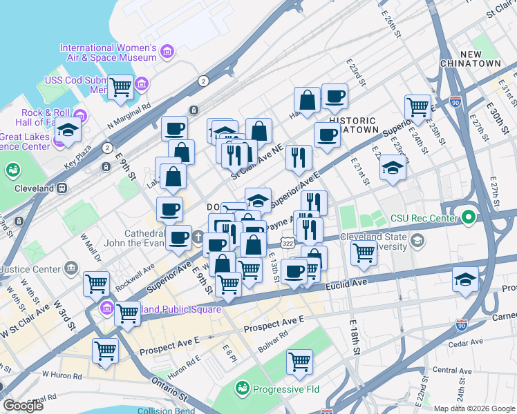 map of restaurants, bars, coffee shops, grocery stores, and more near 1415 Superior Avenue in Cleveland