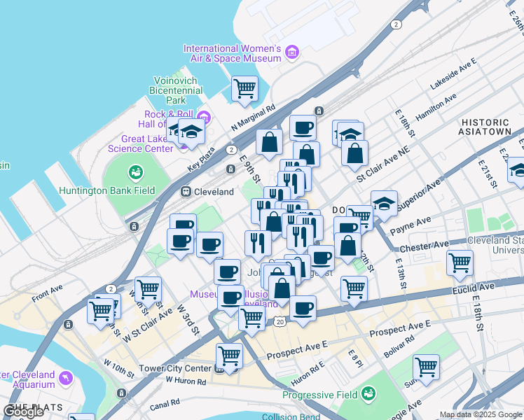 map of restaurants, bars, coffee shops, grocery stores, and more near in Cleveland