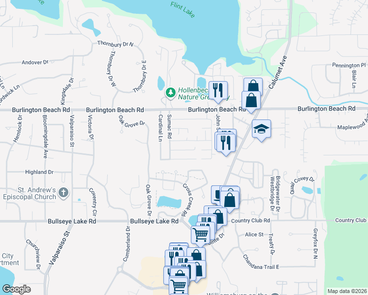 map of restaurants, bars, coffee shops, grocery stores, and more near 1424 Bobolink Road in Valparaiso