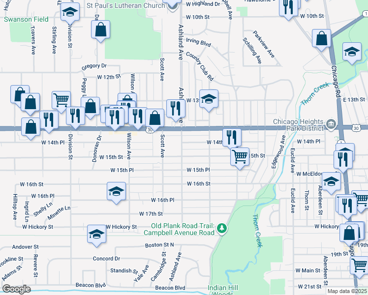 map of restaurants, bars, coffee shops, grocery stores, and more near 308 West 14th Place in Chicago Heights