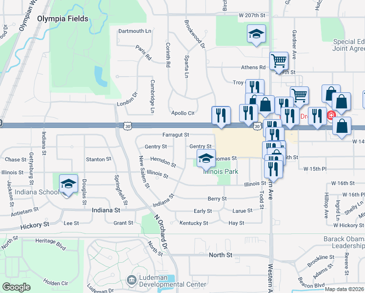 map of restaurants, bars, coffee shops, grocery stores, and more near 421 Monitor Street in Park Forest