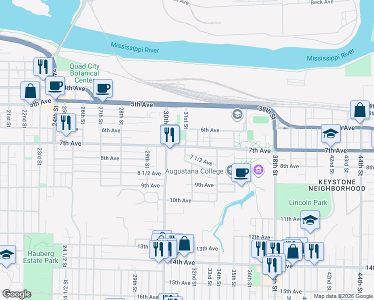 map of restaurants, bars, coffee shops, grocery stores, and more near in Rock Island