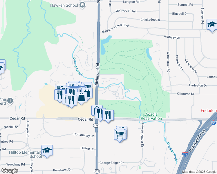 map of restaurants, bars, coffee shops, grocery stores, and more near 5133-5299 3 Village Drive in Lyndhurst