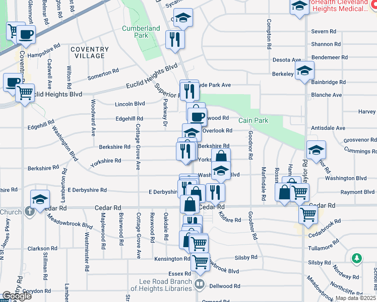 map of restaurants, bars, coffee shops, grocery stores, and more near 1559 Lee Road in Cleveland Heights