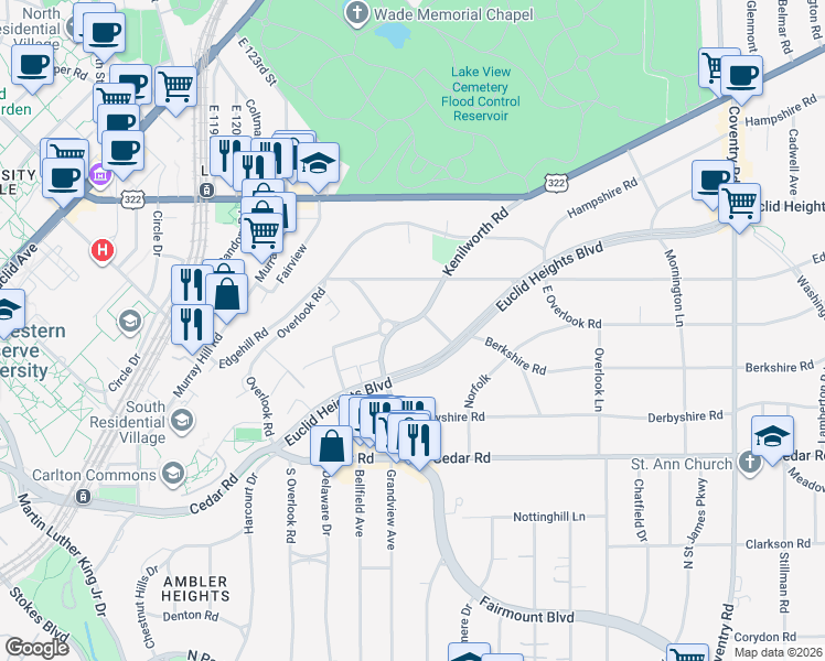 map of restaurants, bars, coffee shops, grocery stores, and more near 2452 Kenilworth Road in Cleveland Heights