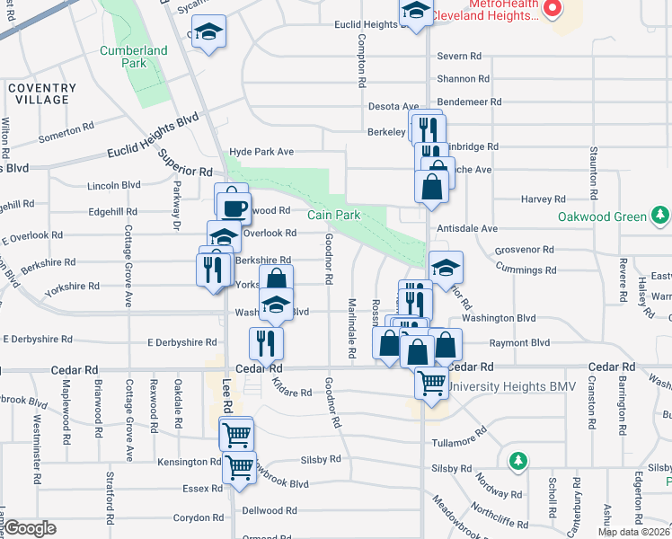 map of restaurants, bars, coffee shops, grocery stores, and more near 2008 Marlindale Road in Cleveland Heights