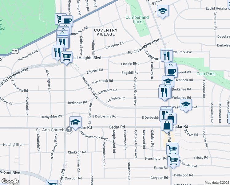 map of restaurants, bars, coffee shops, grocery stores, and more near 2990 Berkshire Road in Cleveland Heights