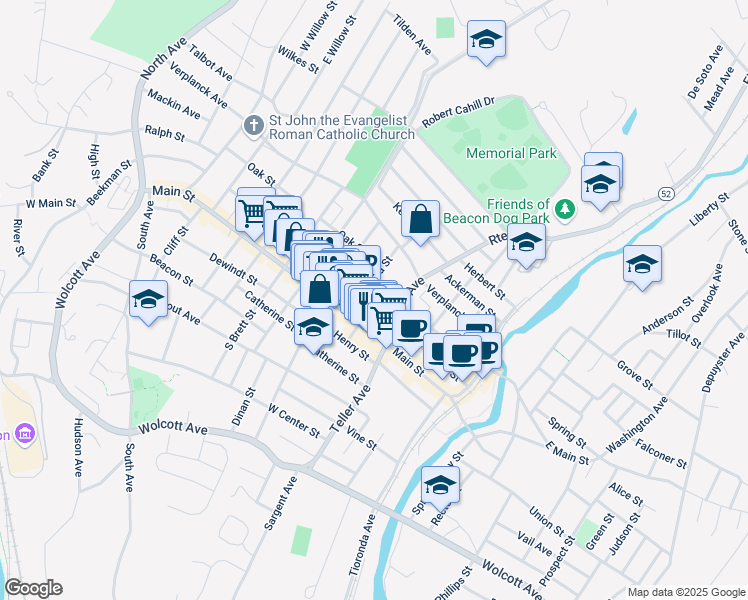 map of restaurants, bars, coffee shops, grocery stores, and more near 23 Eliza St in Beacon