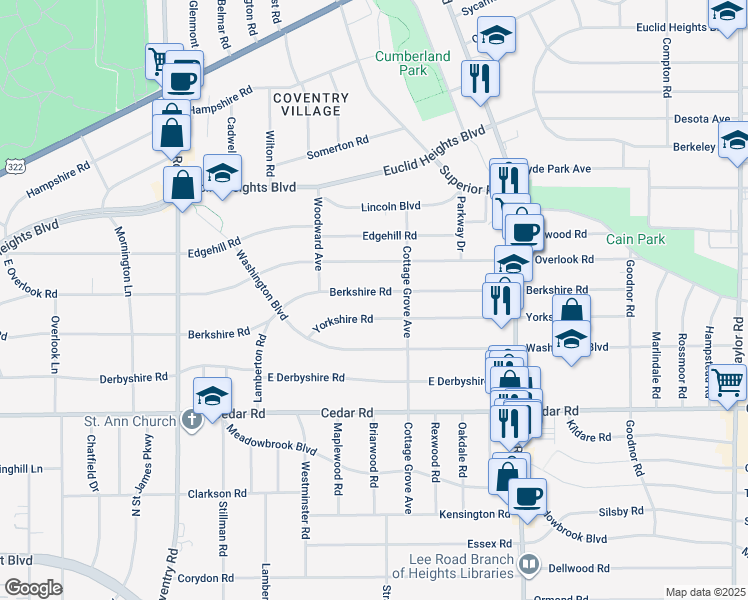 map of restaurants, bars, coffee shops, grocery stores, and more near 3034 Berkshire Road in Cleveland Heights