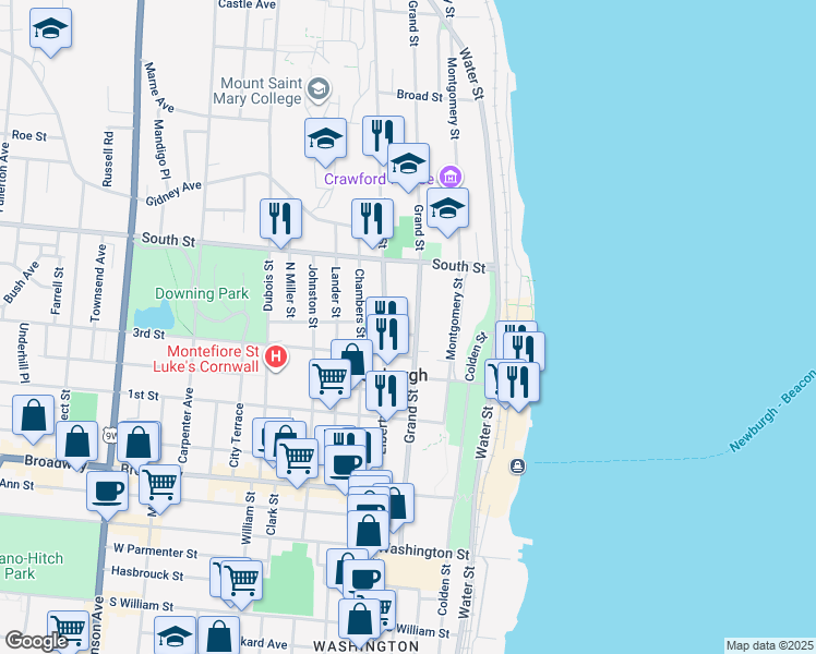 map of restaurants, bars, coffee shops, grocery stores, and more near 153 Grand Street in Newburgh