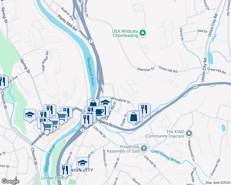 map of restaurants, bars, coffee shops, grocery stores, and more near 126 Golden Hill Street in Naugatuck
