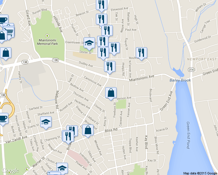 map of restaurants, bars, coffee shops, grocery stores, and more near 525 Broadway in Newport