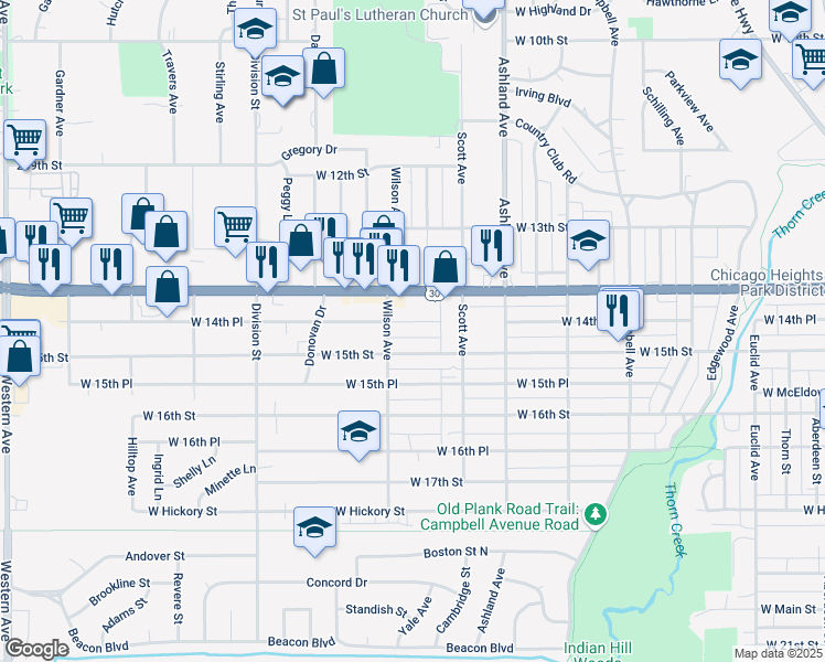 map of restaurants, bars, coffee shops, grocery stores, and more near 392 West 14th Place in Chicago Heights