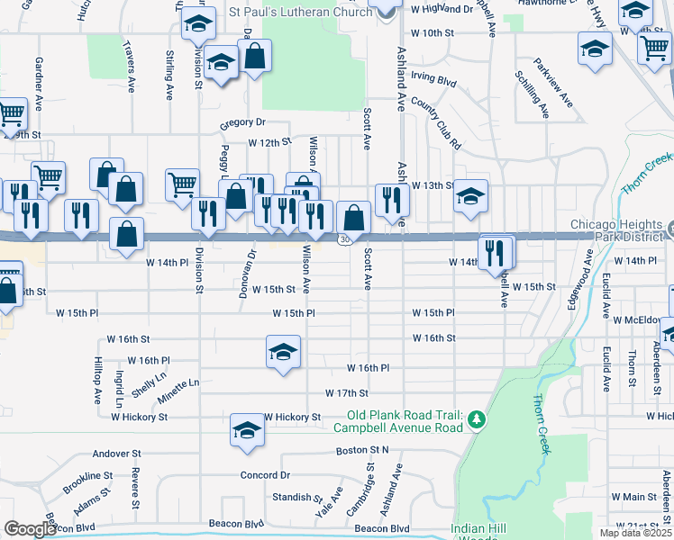 map of restaurants, bars, coffee shops, grocery stores, and more near 392 West 14th Place in Chicago Heights