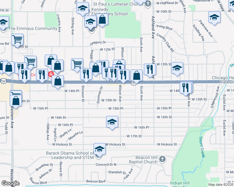 map of restaurants, bars, coffee shops, grocery stores, and more near 406 W 14th Pl in Chicago Heights