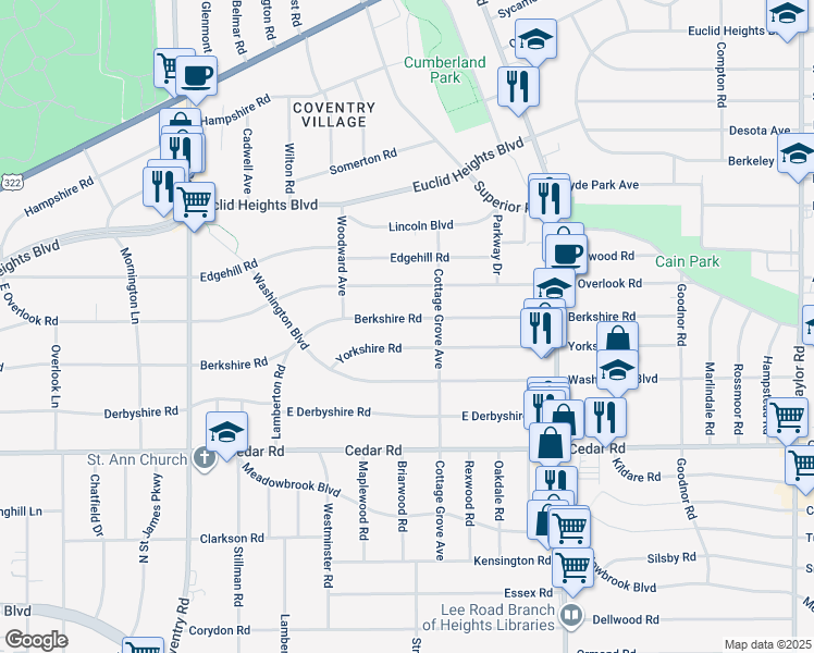 map of restaurants, bars, coffee shops, grocery stores, and more near 3034 Berkshire Road in Cleveland Heights