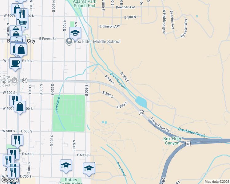map of restaurants, bars, coffee shops, grocery stores, and more near 914 East 200 South in Brigham City