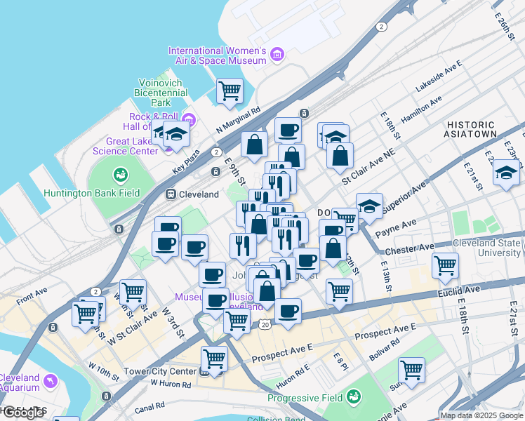 map of restaurants, bars, coffee shops, grocery stores, and more near 1240 East 9th Street in Cleveland