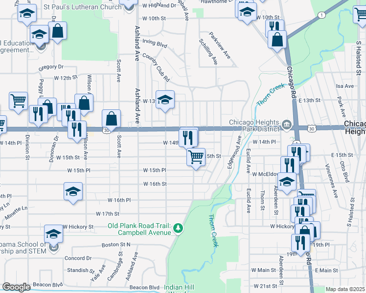map of restaurants, bars, coffee shops, grocery stores, and more near 232 West 14th Place in Chicago Heights