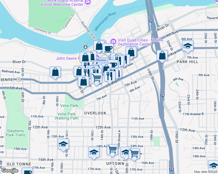 map of restaurants, bars, coffee shops, grocery stores, and more near 605 15th Street in Moline