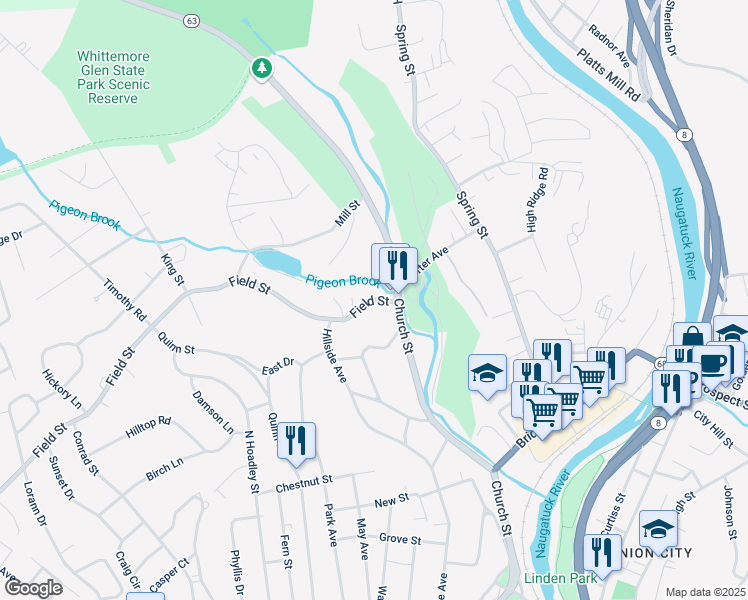 map of restaurants, bars, coffee shops, grocery stores, and more near 33 Field Street in Naugatuck