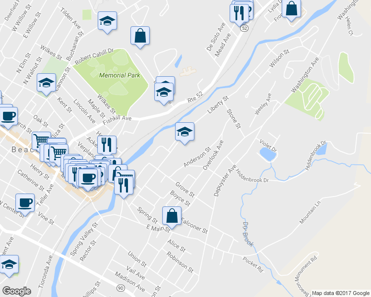 map of restaurants, bars, coffee shops, grocery stores, and more near 125 Liberty Street in Beacon