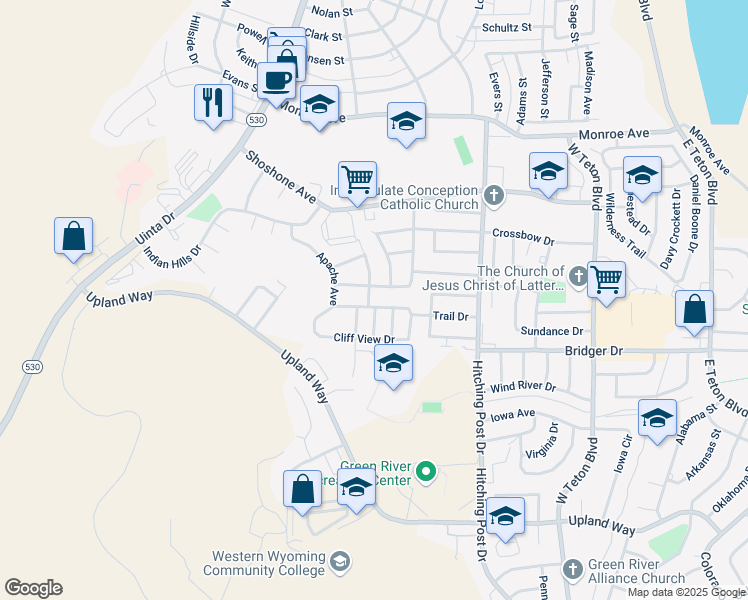 map of restaurants, bars, coffee shops, grocery stores, and more near 1220 Church View Drive in Green River