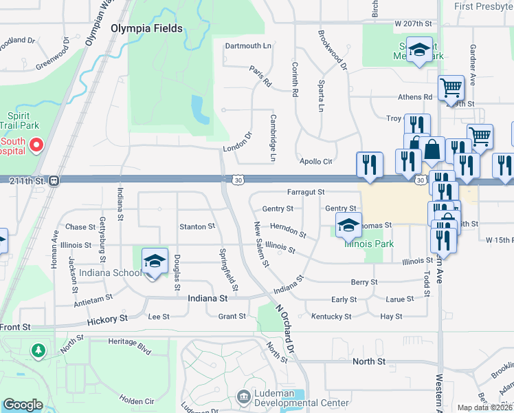 map of restaurants, bars, coffee shops, grocery stores, and more near 332 Gentry Street in Park Forest