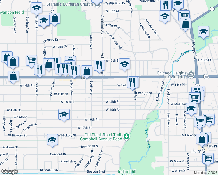 map of restaurants, bars, coffee shops, grocery stores, and more near 308 West 14th Place in Chicago Heights