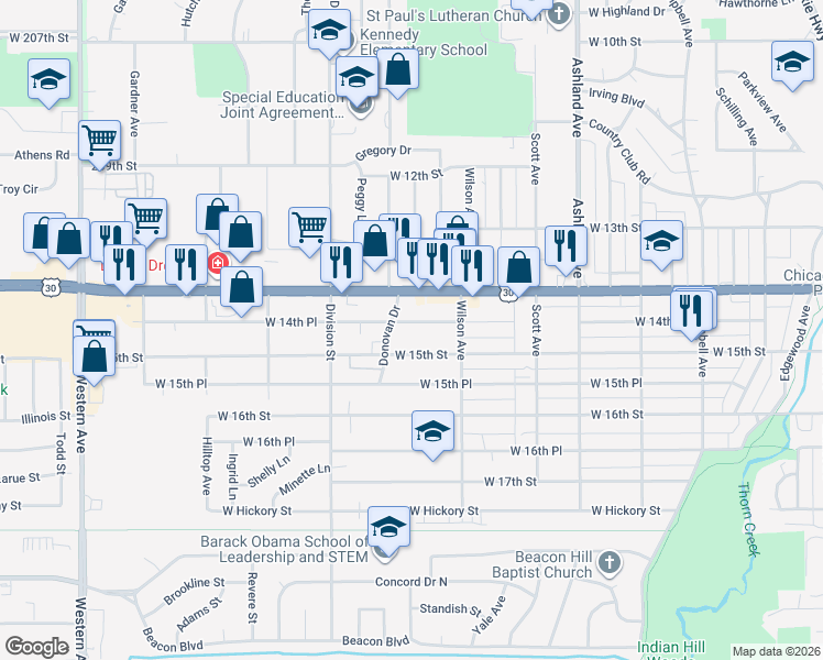 map of restaurants, bars, coffee shops, grocery stores, and more near 438 West 14th Place in Chicago Heights