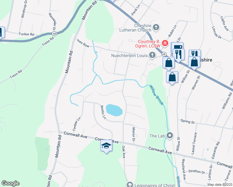 map of restaurants, bars, coffee shops, grocery stores, and more near 25 Frances Court in Cheshire