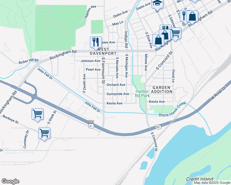 map of restaurants, bars, coffee shops, grocery stores, and more near 1328 South Nevada Avenue in Davenport