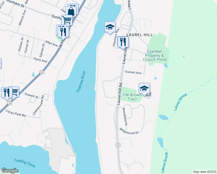map of restaurants, bars, coffee shops, grocery stores, and more near 495 Laurel Hill Road in Norwich