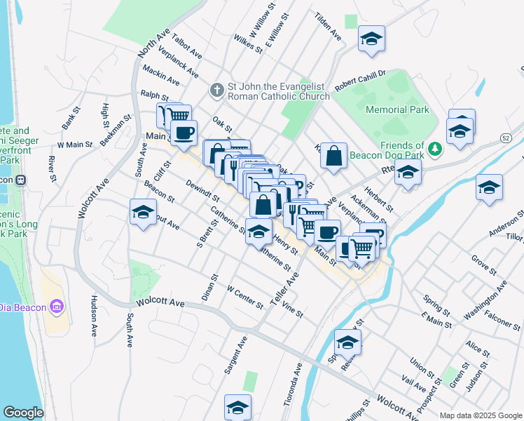 map of restaurants, bars, coffee shops, grocery stores, and more near 329 Main Street in Beacon