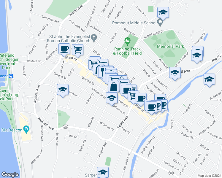 map of restaurants, bars, coffee shops, grocery stores, and more near 7-9 South Cedar Street in Beacon