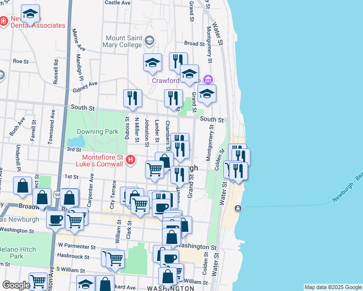 map of restaurants, bars, coffee shops, grocery stores, and more near 10 Catherine Street in Newburgh