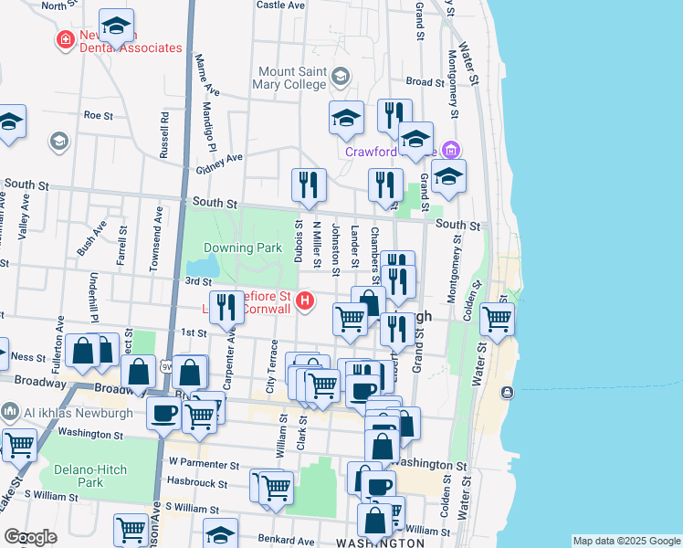 map of restaurants, bars, coffee shops, grocery stores, and more near 44 Farrington Street in Newburgh